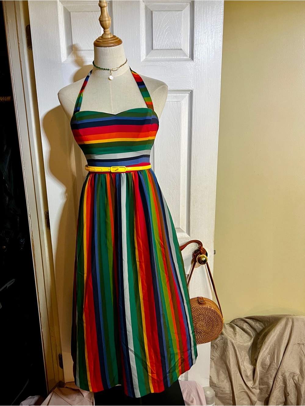 ModCloth Rainbow Striped Halter Retro Rockabilly Midi Dress XS